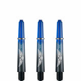 Three polycarbonate dart shafts with blue tops, black threaded bases, and silver ring grip, arranged upright on white background