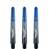 Three blue polycarbonate dart shafts with eagle motif, full product view on white, threaded 2BA tips for darts setup