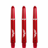 Three red polycarbonate dart shafts with white eagle logo, 2BA threads, front view on white background