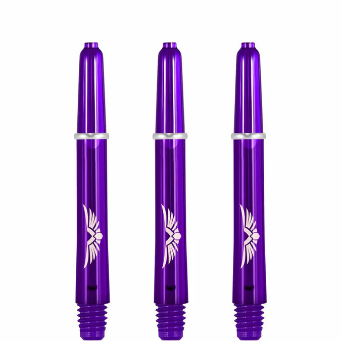 Three purple polycarbonate dart shafts with wing design and threaded 2BA ends displayed vertically on white background