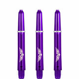 Three purple polycarbonate dart shafts with wing design and threaded 2BA ends displayed vertically on white background