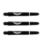 Set of three black polycarbonate dart shafts with wing logo, 2BA thread, isolated on white background