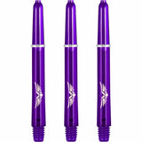Three purple polycarbonate dart shafts with eagle design, deep flight cut, 2BA threads, isolated on white background