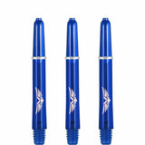 Set of three blue polycarbonate dart shafts with eagle design, upright full view on white, showing 2BA threads and deep cut flight slot