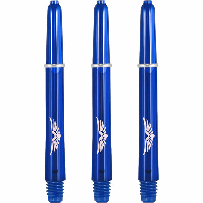 Set of three blue polycarbonate dart shafts with white eagle wing design, full length view on white background