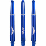 Set of three blue polycarbonate dart shafts with white eagle wing design, full length view on white background