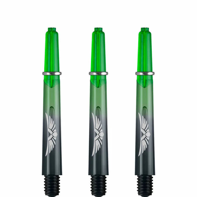 Three green polycarbonate dart shafts with eagle wing design and 2BA threads shown side by side on white background