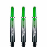 Three green polycarbonate dart shafts with eagle wing design and 2BA threads shown side by side on white background