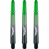Three polycarbonate dart shafts with green top, eagle wing logo, and standard 2BA thread, full product view on white background