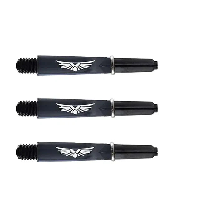 Three black polycarbonate dart shafts with wing design, 2BA thread, flight slots, isolated on white background