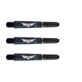 Three black polycarbonate dart shafts with wing design, 2BA thread, flight slots, isolated on white background