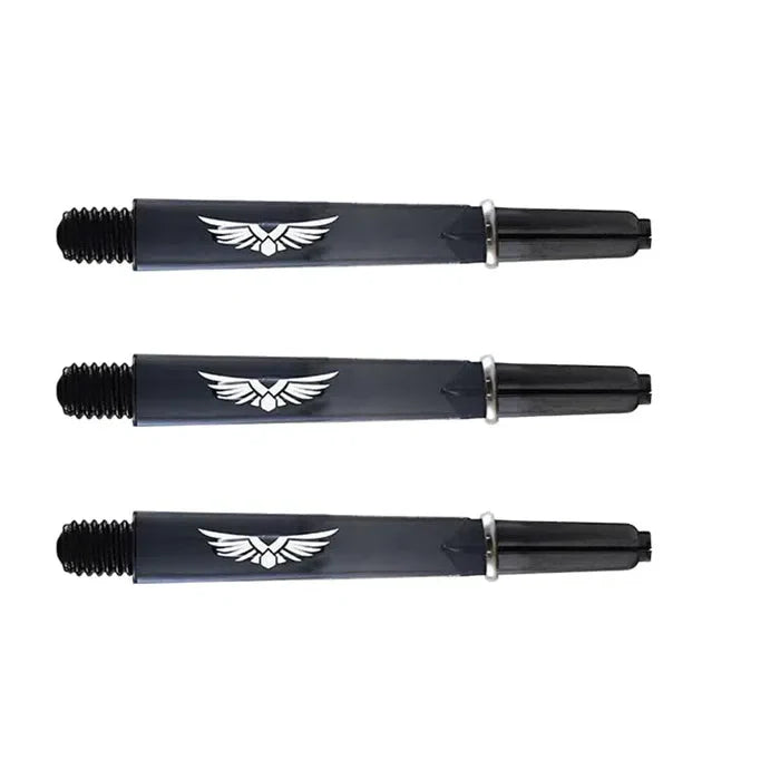 Set of three black polycarbonate dart shafts with 2BA thread and wing design, displayed side by side on white background