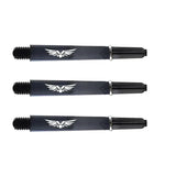 Set of three black polycarbonate dart shafts with 2BA thread and wing design, displayed side by side on white background