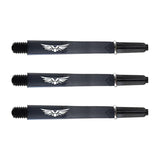 Three black dart shafts with wing graphics, 2BA thread, polycarbonate body, aligned horizontally on white background