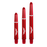 Three red polycarbonate dart shafts in small, medium, and large sizes displayed upright on white background, showing Eagle Claw wing design and 2BA threads