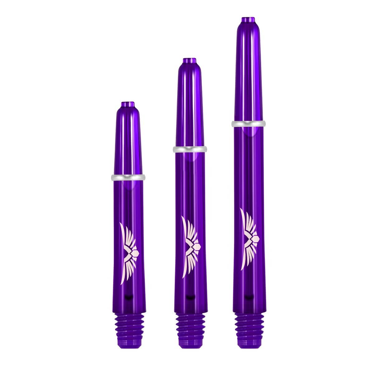 Three purple polycarbonate dart shafts with eagle wing design, assorted lengths, upright on white background, highlighting 2BA threads