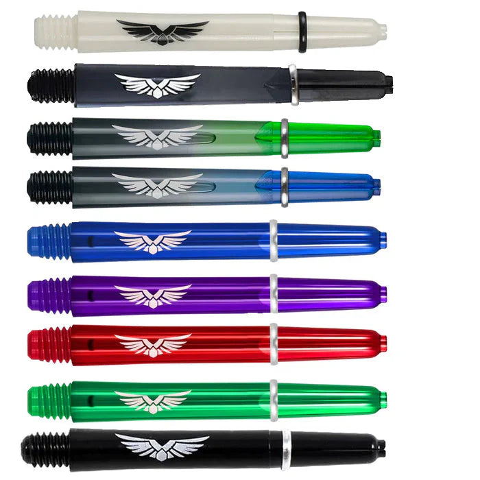 Assorted colored polycarbonate dart shafts with eagle logo, horizontal full product view, showing 2BA thread and flight slot details