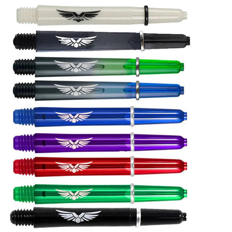 Assorted colored polycarbonate dart shafts with eagle logo, horizontal full product view, showing 2BA thread and flight slot details