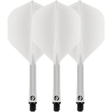 Three white No.2 dart flights with shafts displayed upright on white background, highlighting flight shape and shaft detail