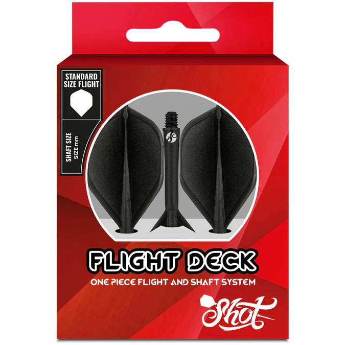 Standard size dart flights and shafts combo three-pack in retail packaging, displayed front-facing with bold red background