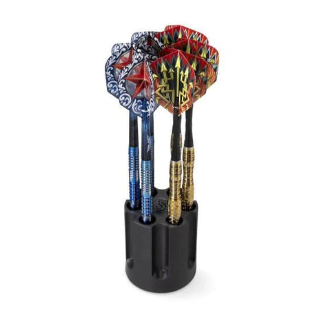 Dart holder with six assembled darts upright, featuring intricate flights and textured barrels, full product view on white background
