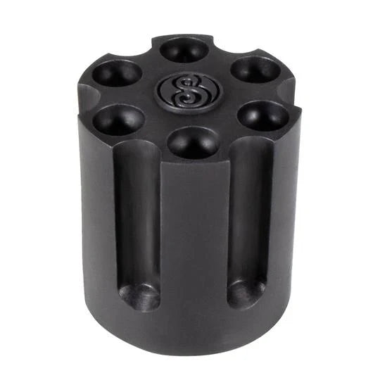 Black dart holder cylinder with six slots, engraved top, angled view on white background for dart storage