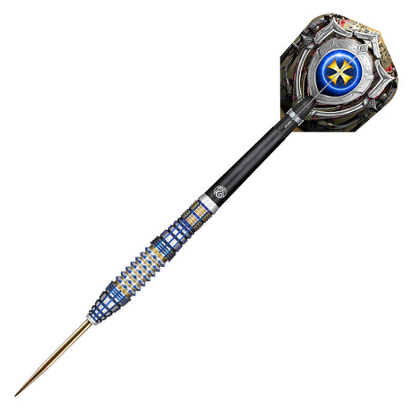 Angled full view of 90% tungsten dart with blue and gold barrel grip, metallic point, and futuristic patterned flight on white background