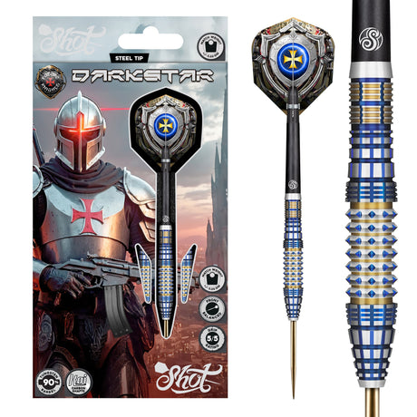 Full view of 90% tungsten steel tip dart in retail packaging plus close-up of blue knurled grip barrel and knight-themed flight design