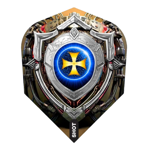 Close-up dart flight isolated on white, futuristic shield and yellow cross design, No.6 flight shape for darts accessories.
