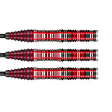 close-up of three tungsten dart barrels with red and black precision grip, horizontal display on white background