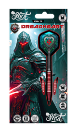 Steel tip tungsten dart set in retail packaging, full product view with black Ti coated barrels, red accents, and fantasy knight themed flights.