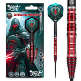 Steel tip tungsten darts in retail packaging with medieval-themed flights, plus close-up of precision red barrel grip texture