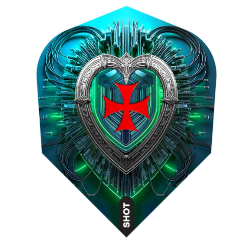 Shot Future Knights Dreadheart No.6 dart flight upright on a white background, teal and black artwork