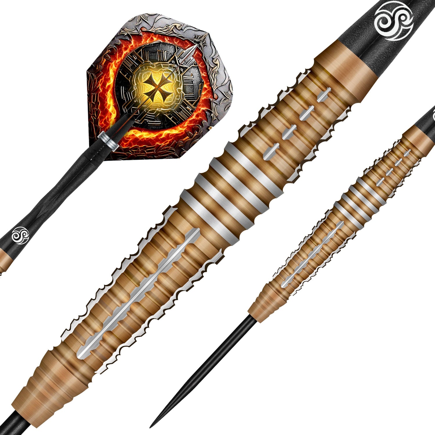 Detailed macro views of 90% tungsten dart barrels with golden grips, sharp black tip, and fiery pattern dart flight, isolated on white