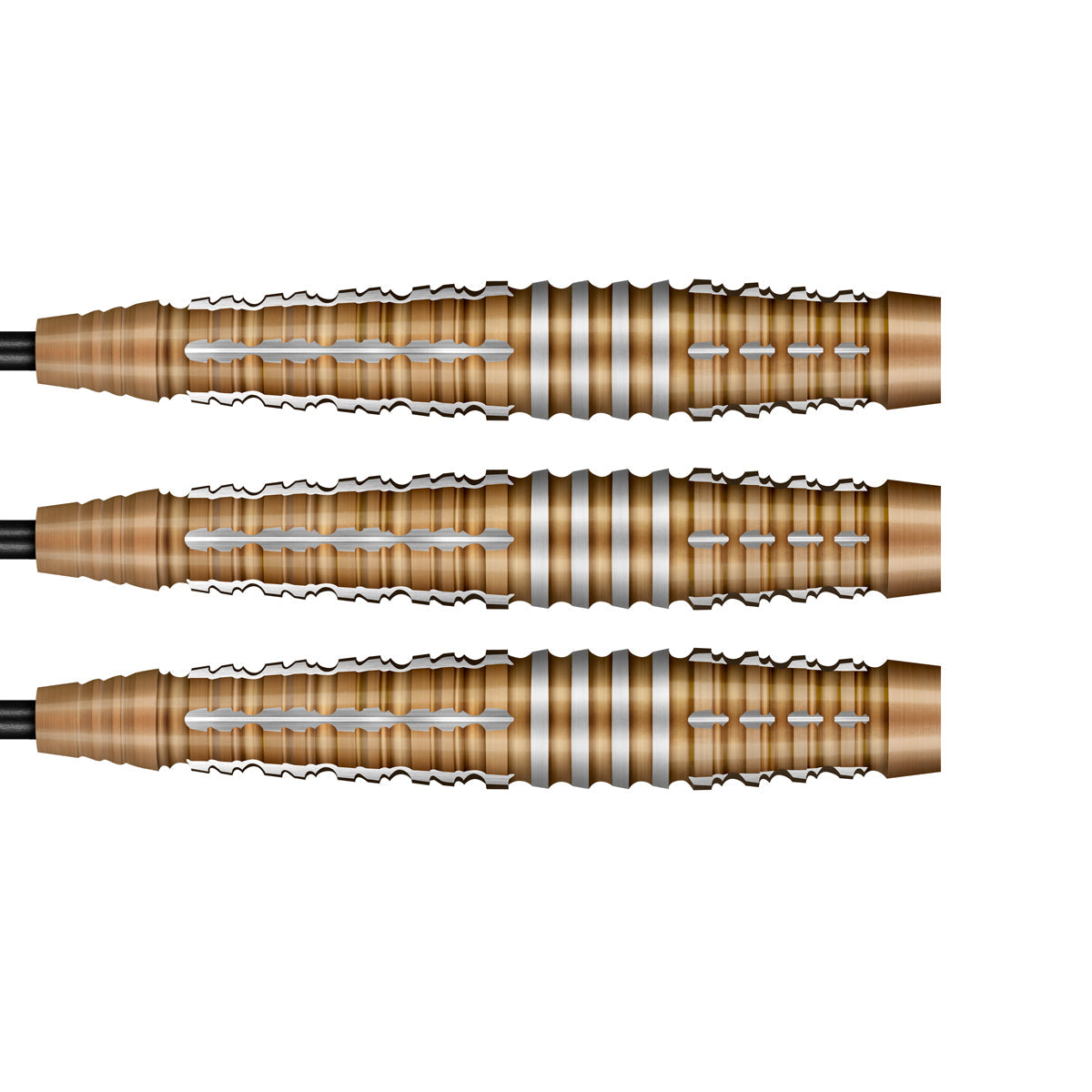 Horizontal display of three 90% tungsten dart barrels with detailed bronze grip texture and precision milled rings on white background