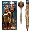 Steel tip tungsten dart set in retail packaging with medieval-themed flights, knurled gold barrel, and close-up grip texture