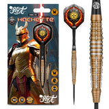 Steel tip tungsten dart set in retail packaging with medieval-themed flights, knurled gold barrel, and close-up grip texture