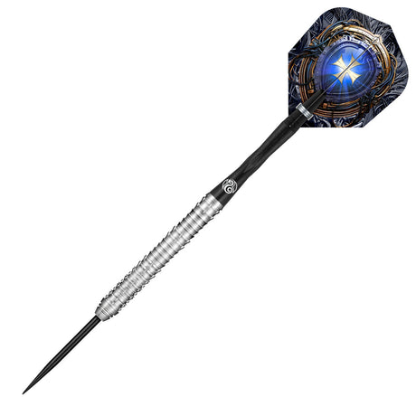 Full view tungsten dart with precision grip barrel, black shaft, and blue metallic flight, isolated on white background