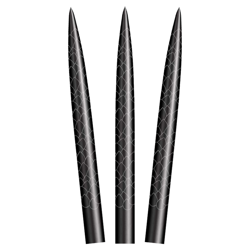 Three Shot Future Knights steel tip dart points fanned tip-up on a white background