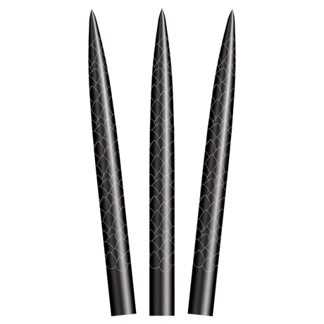 Three Shot Future Knights steel tip dart points fanned tip-up on a white background