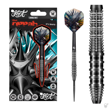 Shot Gnarly Rippah Turbo Point 90% tungsten darts – packaging, full dart and barrel close-up