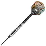 Full view tungsten dart with aggressive knurled grip, precision barrel rings, sharp tip, and colorful designer flight on white background