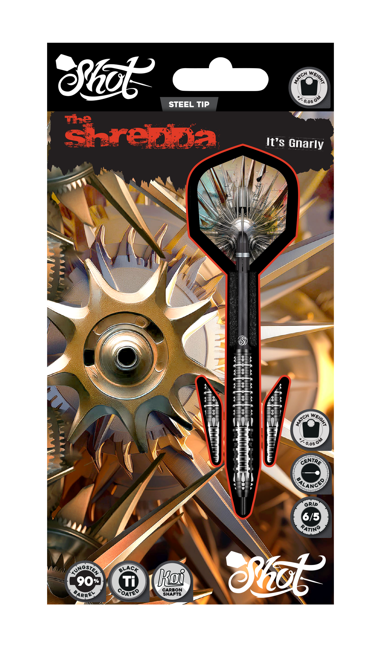 Steel tip tungsten darts in retail packaging, full product view showing aggressive grip rings, carbon shafts, and center balance features