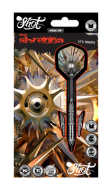 Steel tip tungsten darts in retail packaging, full product view showing aggressive grip rings, carbon shafts, and center balance features