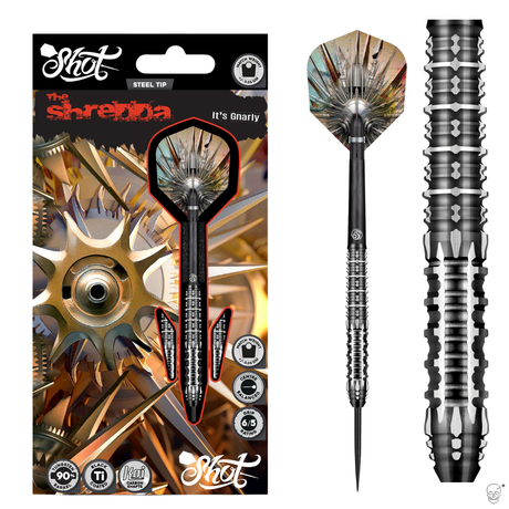 Steel tip dart set in retail packaging, single assembled dart, and macro barrel grip close-up, 90% tungsten, aggressive grooved design