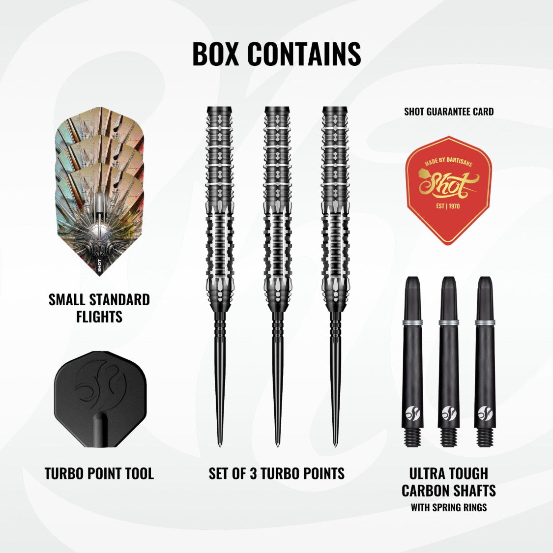 Shot Gnarly Shredda Turbo Point 90% tungsten darts – box contents