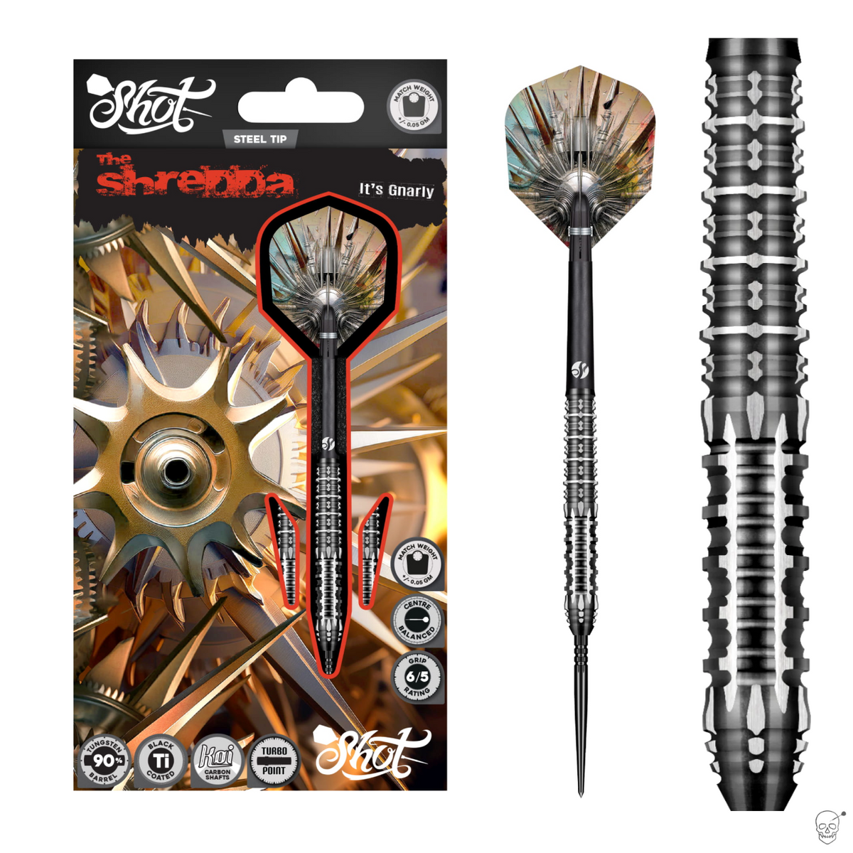 Shot Gnarly Shredda Turbo Point 90% tungsten darts – packaging, full dart and barrel close-up