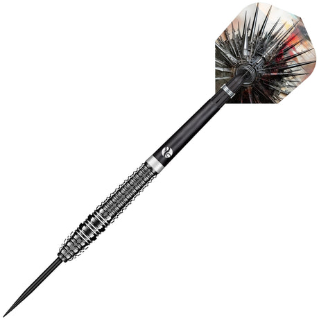 Angled full view tungsten dart showing deep knurled grip barrel and spiked graphic flight, isolated on white background