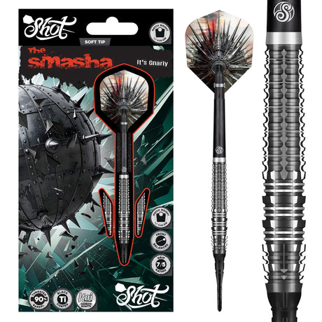 Soft tip tungsten dart in retail packaging with detailed close-up of aggressive ringed grip and spiked flights