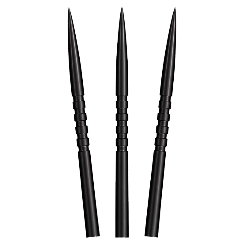 Three Shot Grip steel tip dart points in black fanned tip-up on a white background